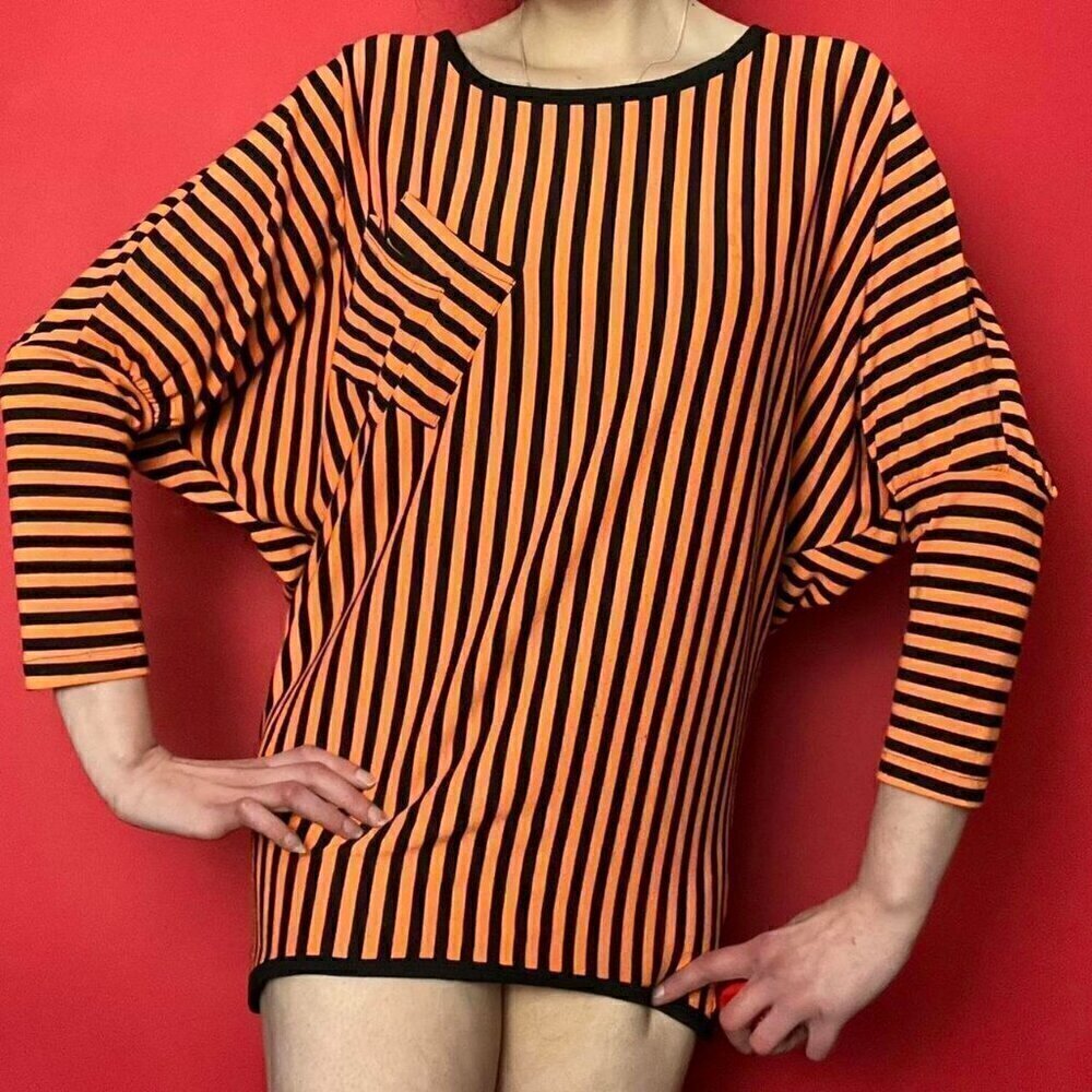 Orange and black stripped Halloween top / dress with pockets and butterfly sleev
